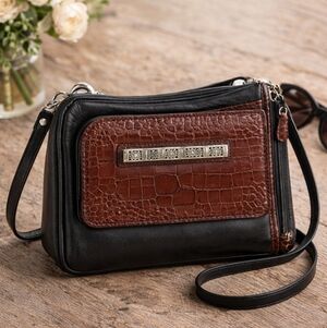 Brighton Brown Croc Embossed & Black Leather Crossbody Bag With Built In Wallet